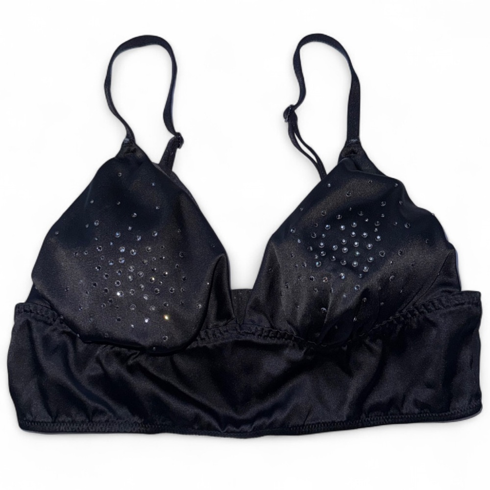 Victoria’s Secret Black Satin Rhinestone Bralette Y2K Glam Size Small Longline